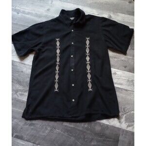 Garris Mens G (Sz L) Black Short Sleeve Button Up Shirt Cream Embroidery, Vtg.